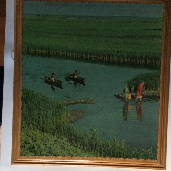 Solid Wood framed landscape print on board wall hanging grassland river boating - Picture 1 of 10